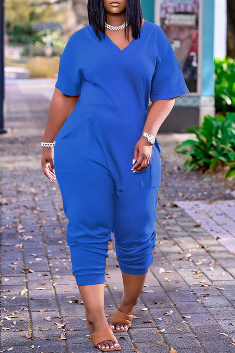 Fashion Casual Solid Basic V Neck Plus Size Jumpsuits(4 Colors)