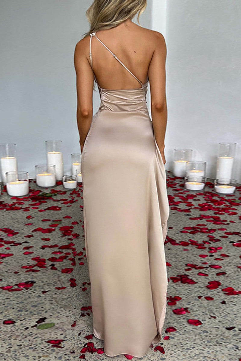Sexy Formal Solid Backless Slit Oblique Collar Evening Dress Dresses