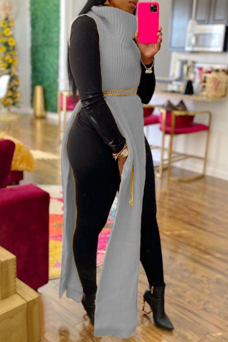 Casual Solid Slit Turtleneck Long Dress Dresses (Without Waist Chain)