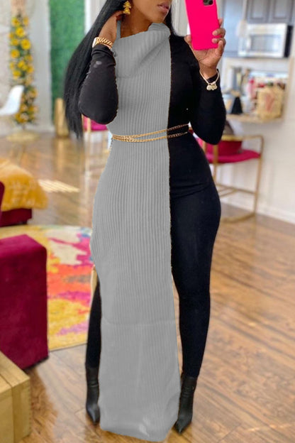 Casual Solid Slit Turtleneck Long Dress Dresses (Without Waist Chain)