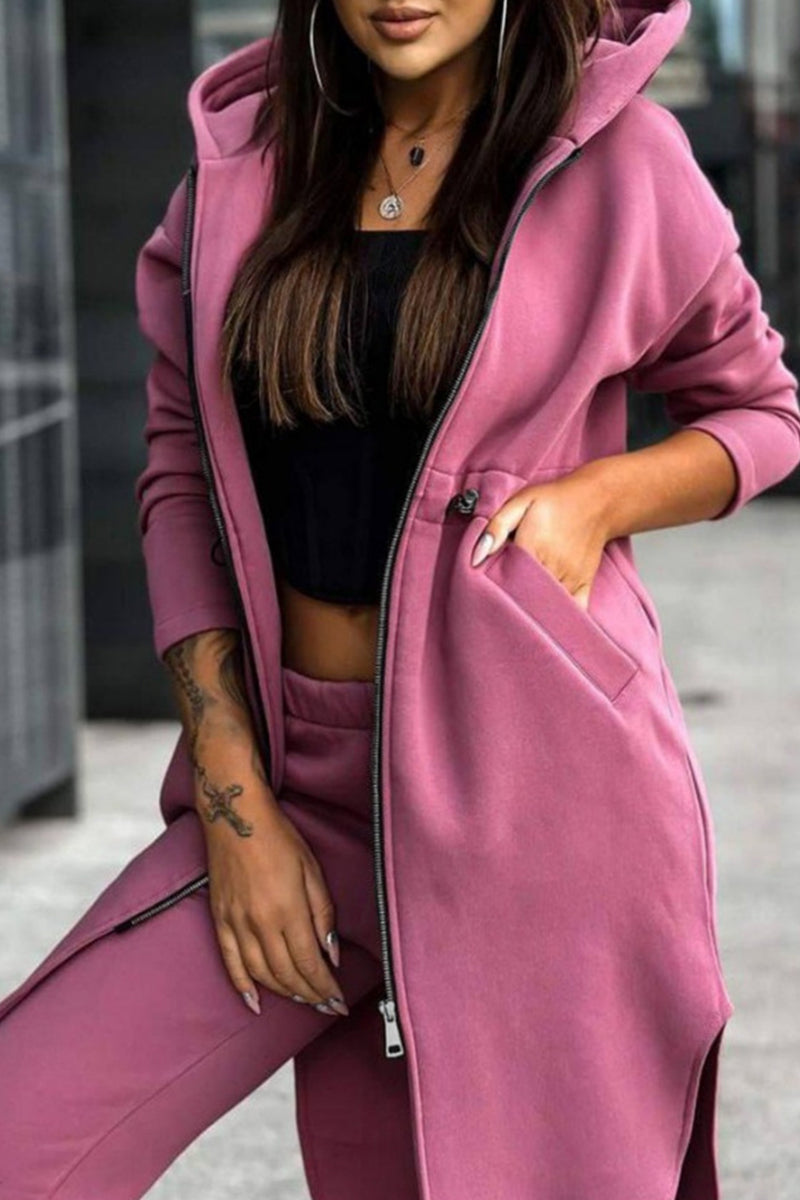 Casual Solid Patchwork Pocket High Opening Slit Zipper Hooded Collar Long Sleeve Two Pieces