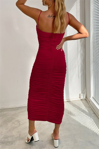 Sexy Casual Solid Backless Fold Spaghetti Strap Wrapped Skirt Dresses
