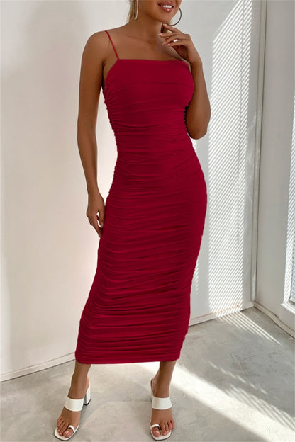 Sexy Casual Solid Backless Fold Spaghetti Strap Wrapped Skirt Dresses