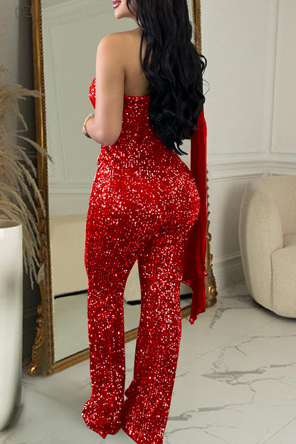Casual Patchwork Sequins Backless Oblique Collar Skinny Jumpsuits