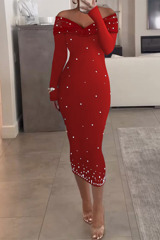 Celebrities Elegant Solid Beading V Neck One Step Skirt Dresses
