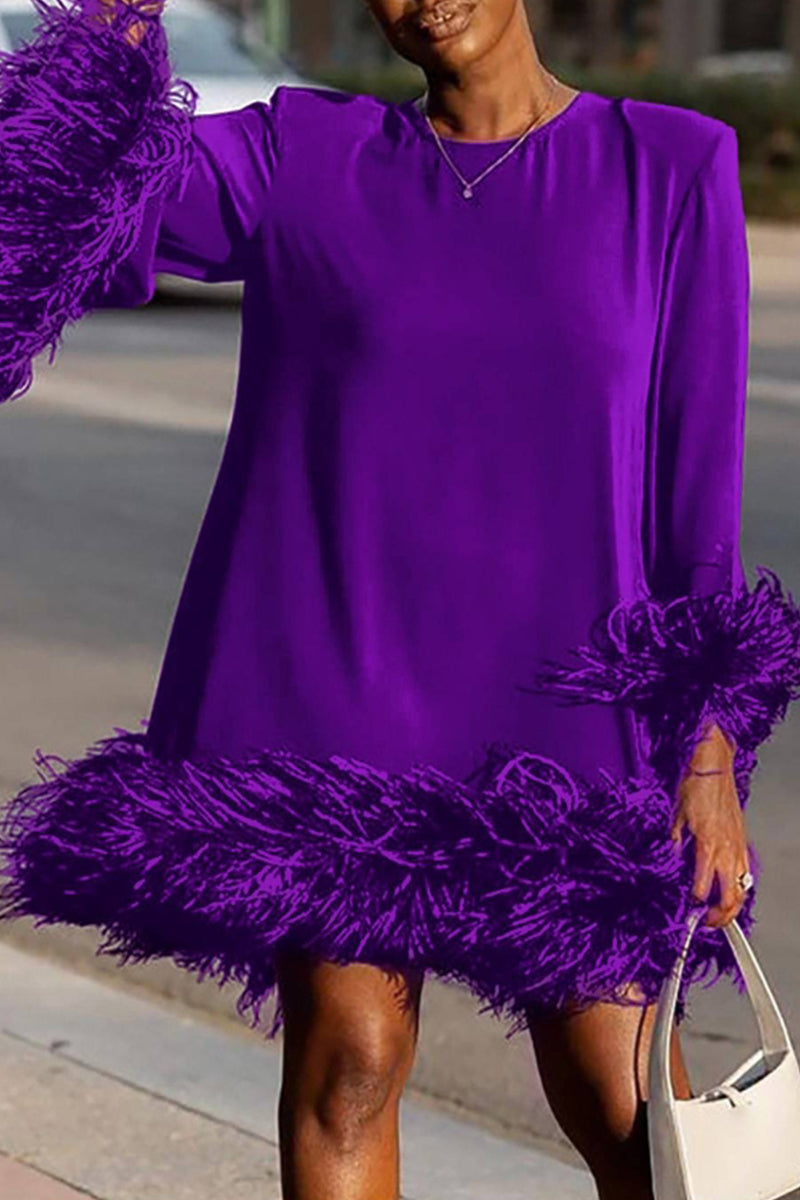 Street Solid Patchwork Feathers O Neck Straight Dresses