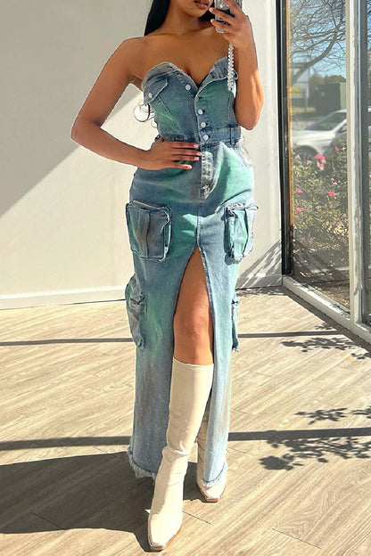 Sexy Casual Patchwork Buttons Backless Slit Strapless Sleeveless Skinny Denim Dresses