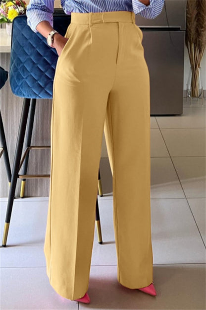 Casual Solid Patchwork Pocket Regular High Waist Conventional Solid Color Trousers