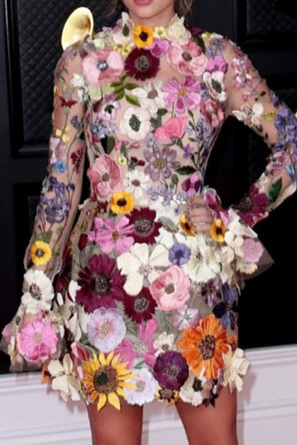 Celebrities Floral Patchwork Zipper O Neck Long Sleeve Dresses