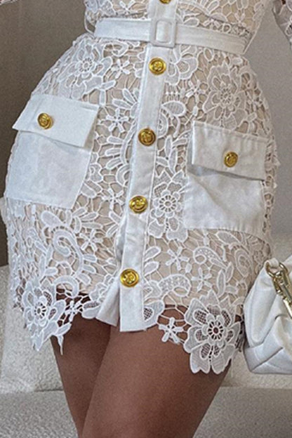 Elegant Solid Lace Patchwork Pocket Buckle Wrapped Skirt Dresses
