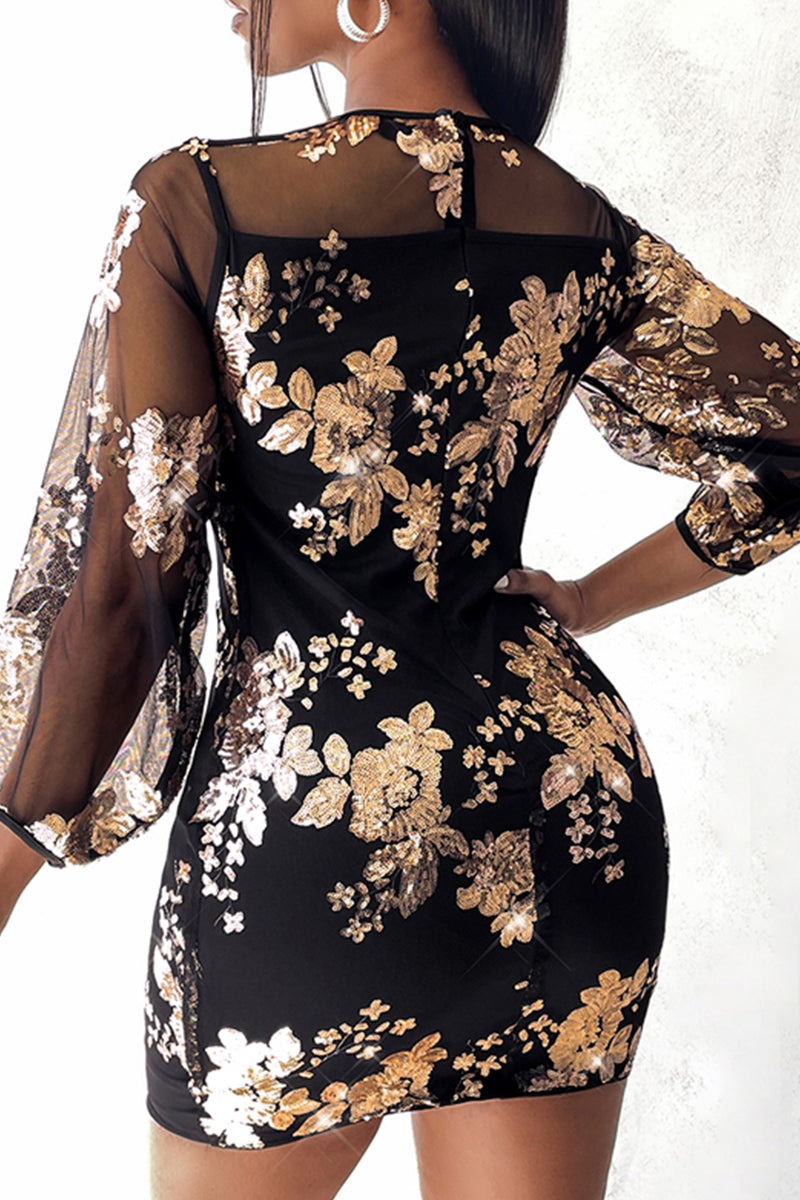 Casual Print Patchwork See-through O Neck Long Sleeve Dresses