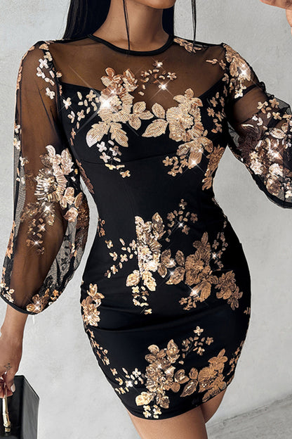 Casual Print Patchwork See-through O Neck Long Sleeve Dresses