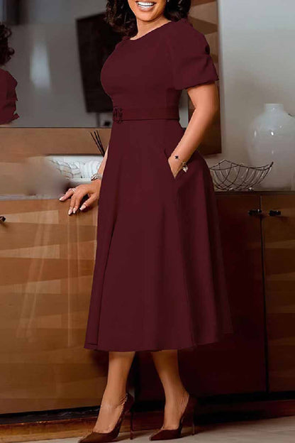 Casual Solid With Belt O Neck A Line Dresses