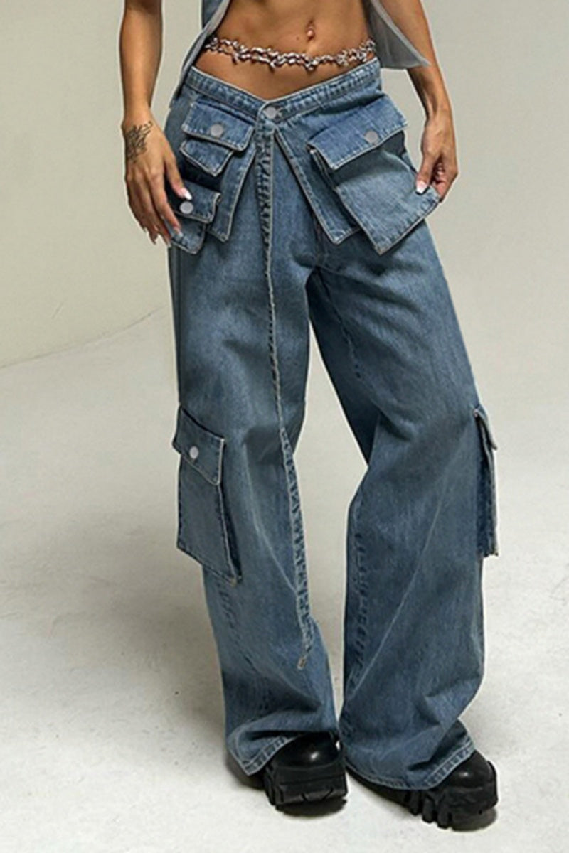 Casual Solid Patchwork Low Waist Regular Denim Jeans