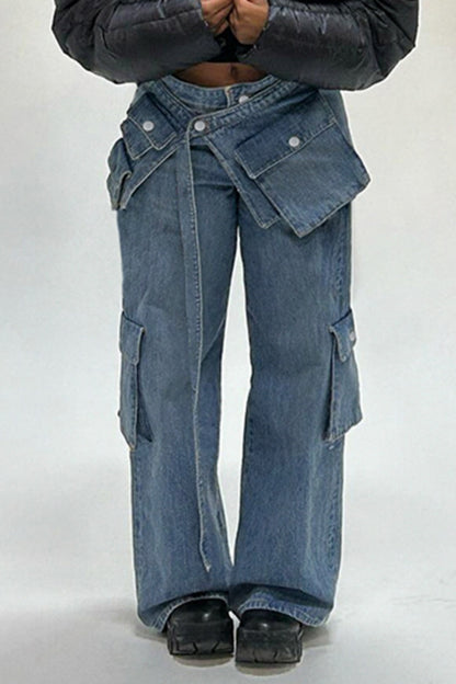 Casual Solid Patchwork Low Waist Regular Denim Jeans