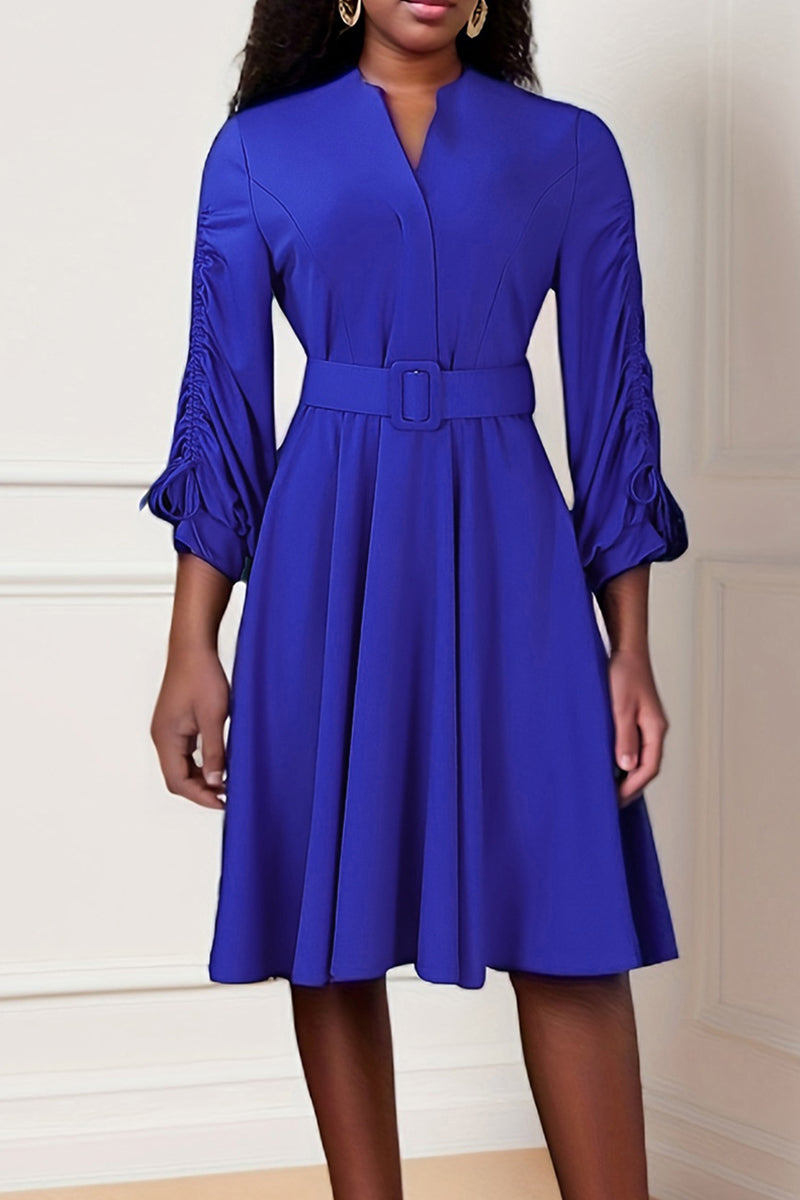 Casual Solid Draw String With Belt V Neck Long Sleeve Dresses