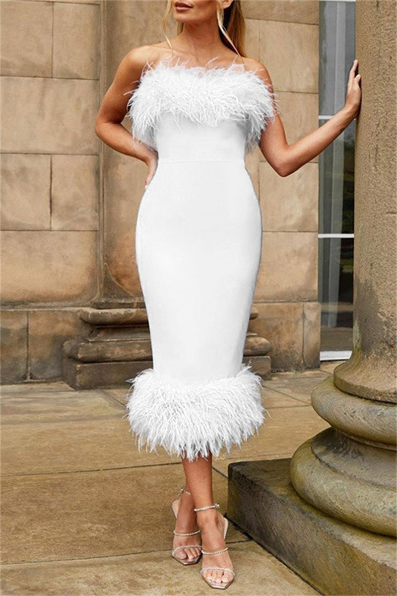 Casual Solid Patchwork Feathers Backless Strapless Pencil Skirt Dresses