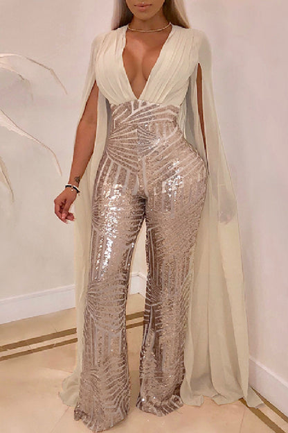 Sexy Patchwork Embroidered Sequins Backless V Neck Skinny Jumpsuits