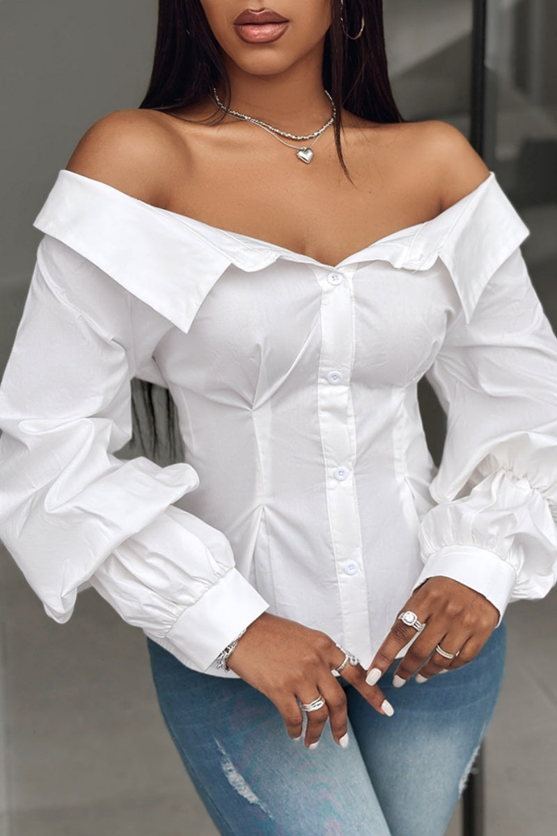 Casual Solid Buttons Off the Shoulder Tops