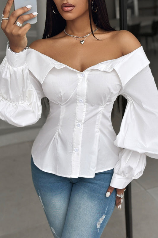 Casual Solid Buttons Off the Shoulder Tops