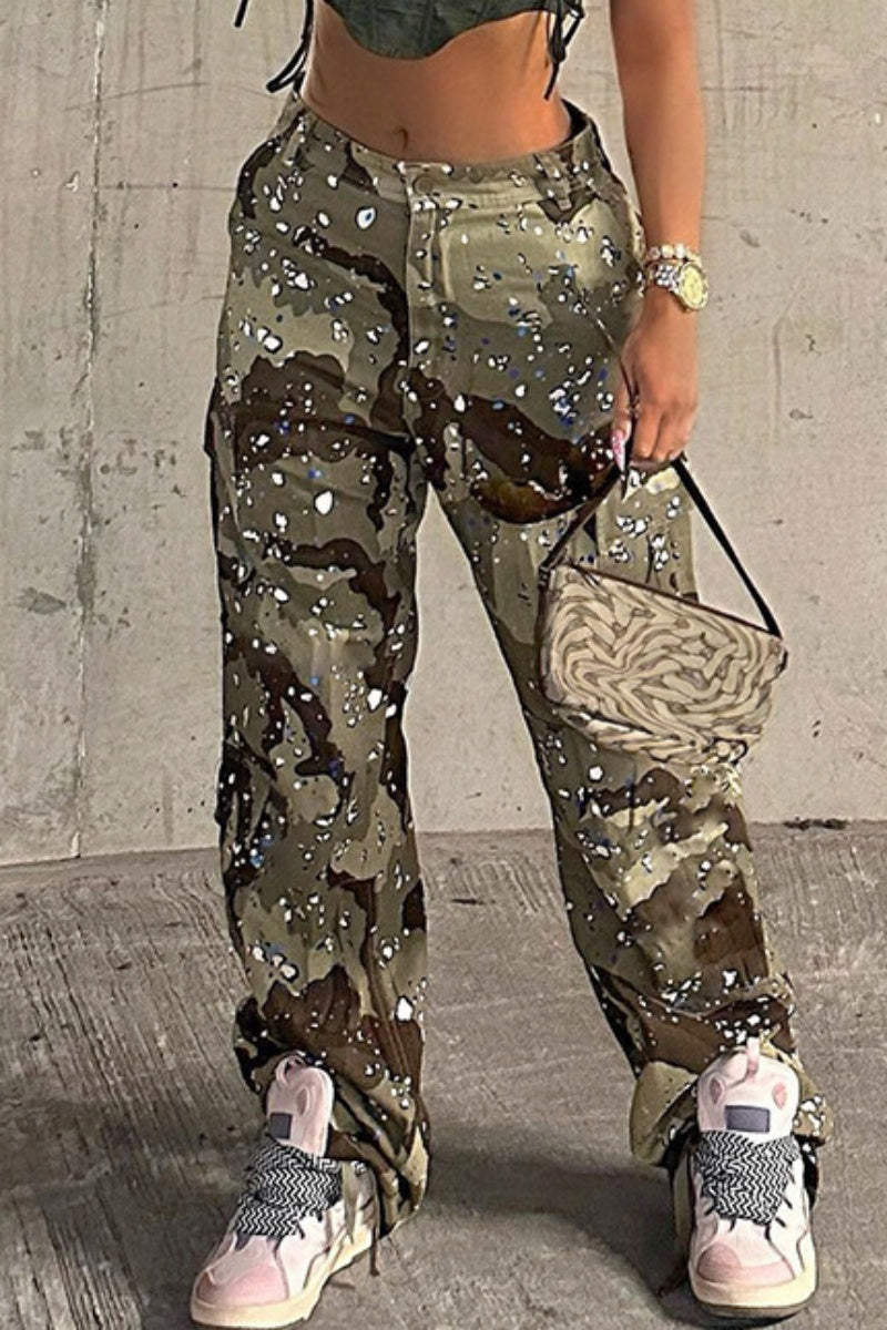Casual Solid Camouflage Print Patchwork Regular Low Waist Conventional Solid Color Trousers