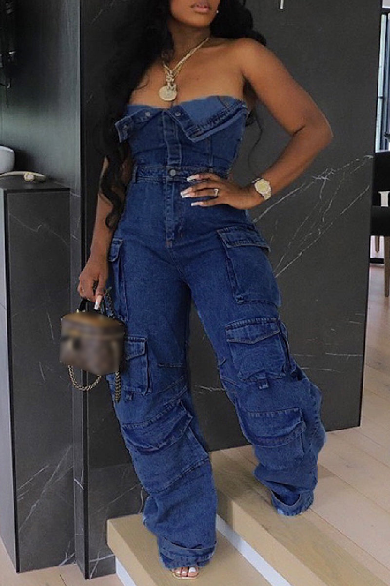 Casual Solid Patchwork Buckle Backless Strapless Sleeveless Skinny Denim Jumpsuits