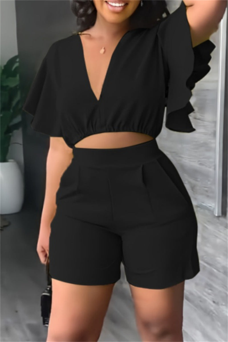Casual Solid Flounce V Neck Short Sleeve Two Pieces