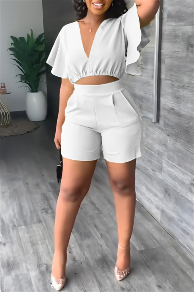 Casual Solid Flounce V Neck Short Sleeve Two Pieces