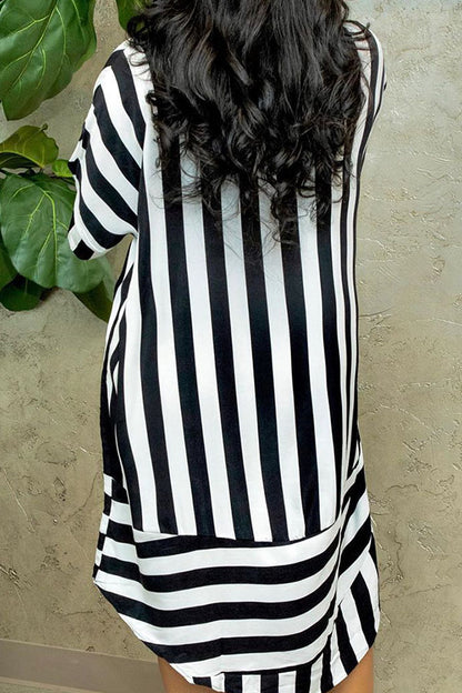 Fashion Casual Short Sleeves Turndown Collar Straight Mini Striped Print Dresses
