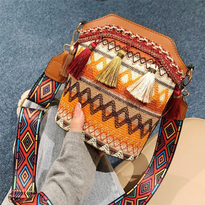Fashion Casual Patchwork Ethnic Print Tassel Design Crossbody Bag