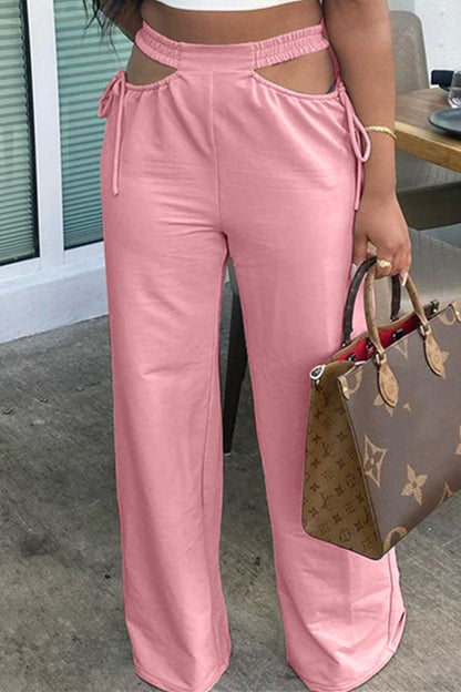 Fashion Casual Solid Hollowed Out Regular High Waist Wide Leg Trousers