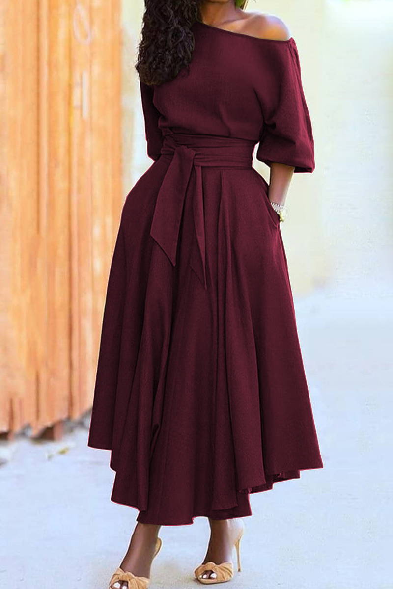 Fashion Elegant Solid With Belt Oblique Collar Waist Skirt Dresses(4 Colors)