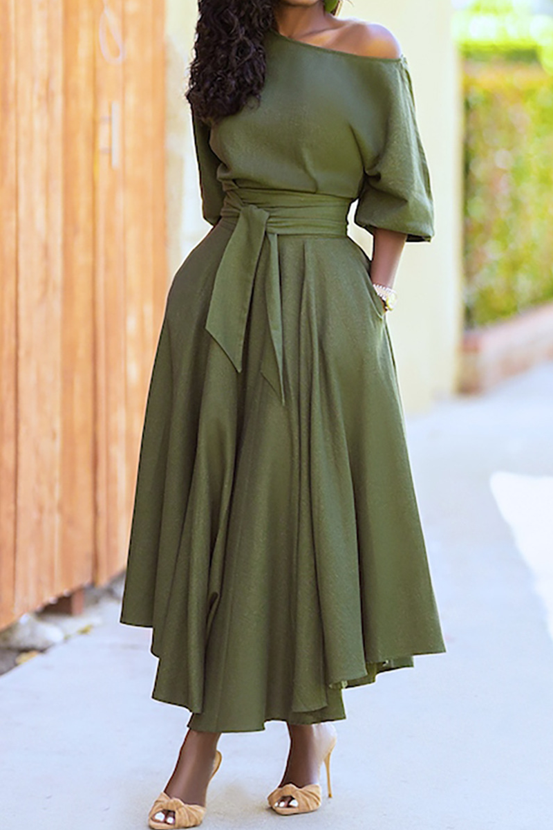 Fashion Elegant Solid With Belt Oblique Collar Waist Skirt Dresses(4 Colors)