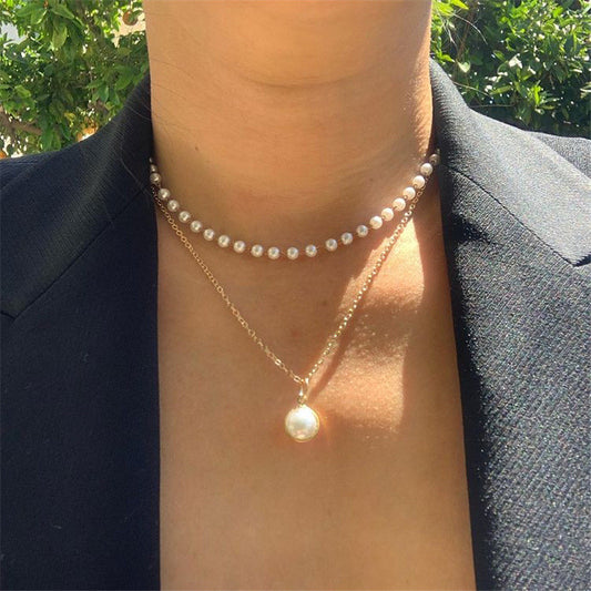 Fashion Double Layer Necklace With Pearl Pendant And Pearl Chain