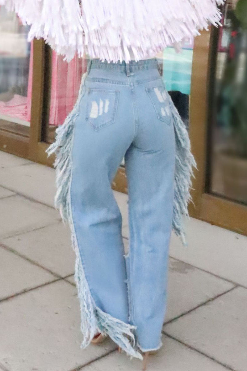 Street Solid Tassel Ripped Hollowed Out Split Joint High Waist Loose Denim Jeans