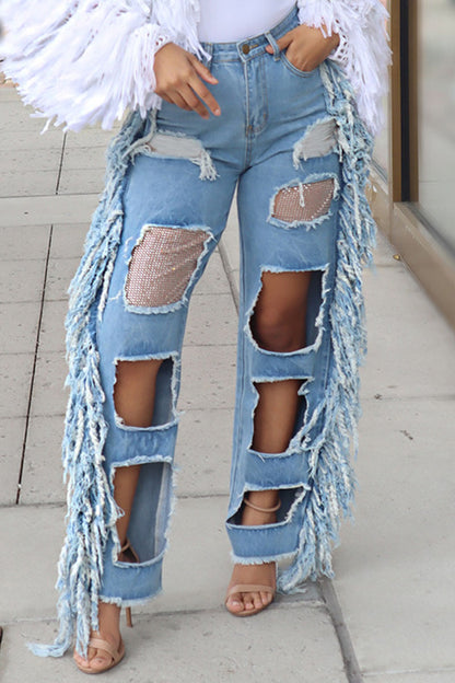 Street Solid Tassel Ripped Hollowed Out Split Joint High Waist Loose Denim Jeans