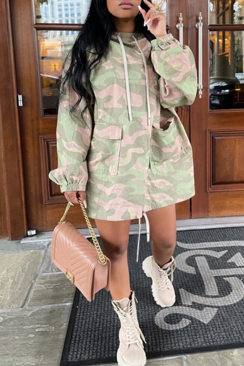 Fashion Casual Camouflage Print Split Joint Pocket Hooded Collar Long Sleeve Dresses