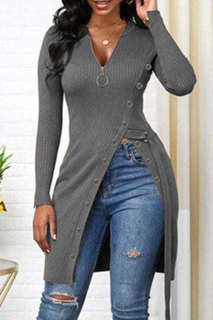 Casual Solid Patchwork V Neck Tops(6 Colors)