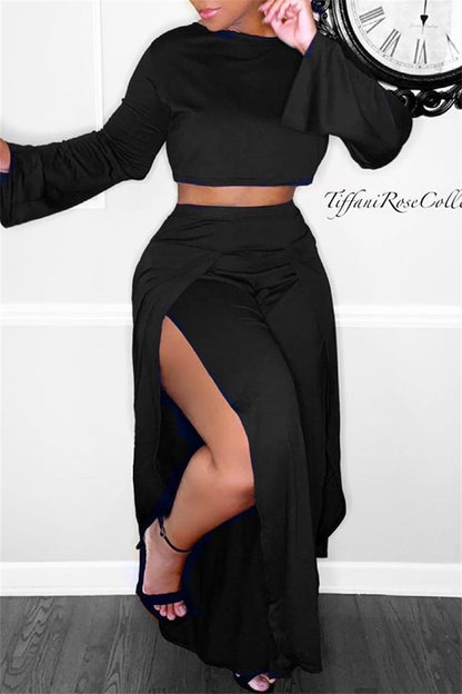 Casual Solid Slit Oblique Collar Long Sleeve Two Pieces（4 Colors)