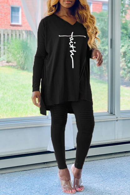 Casual Print Split Joint Asymmetrical V Neck Long Sleeve Two Pieces