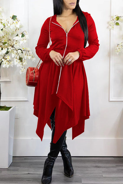 Casual Solid Asymmetrical Zipper Hooded Collar Irregular Dress Dresses(3 Colors)