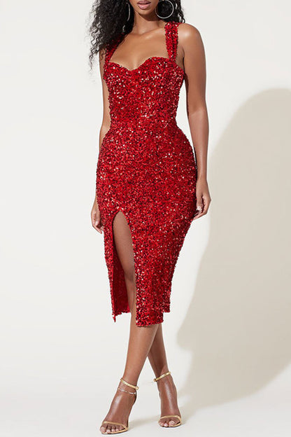 Fashion Sexy Patchwork Sequins Slit Spaghetti Strap Evening Dress Dresses