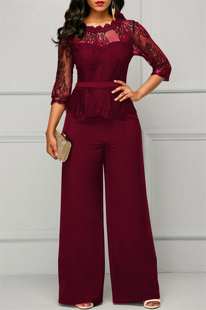 Fashion Casual Patchwork Solid See-through O Neck Regular Jumpsuits(4 Colors)