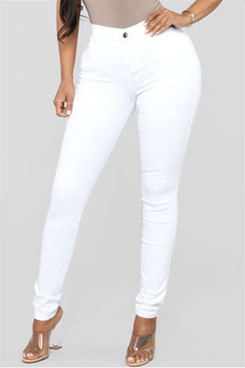 Fashion Casual Solid Basic Mid Waist Skinny Denim Jeans