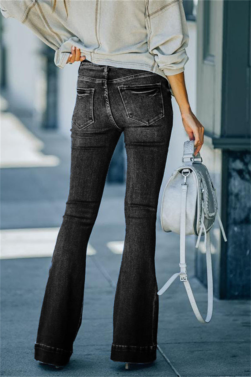 Fashion Solid Basic High Waist Boot Cut Denim Jeans