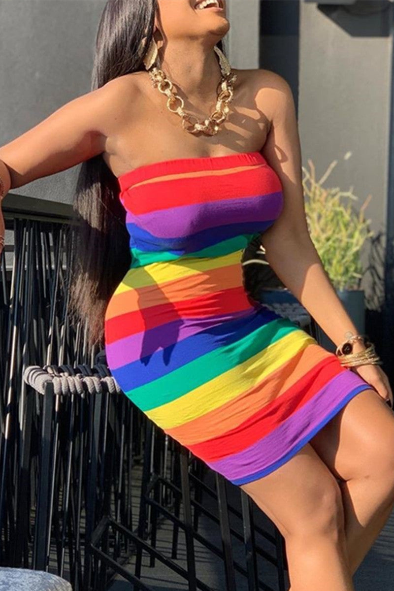 Sexy Casual Striped Print Backless Strapless Sleeveless Dress Dresses