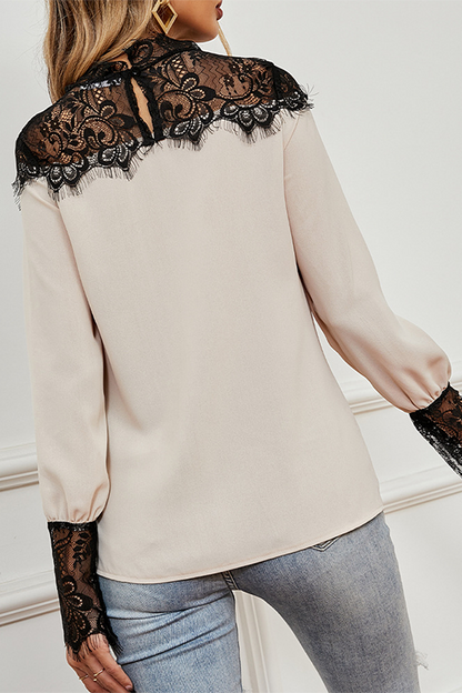 Fashion Patchwork Lace Contrast Mandarin Collar Tops