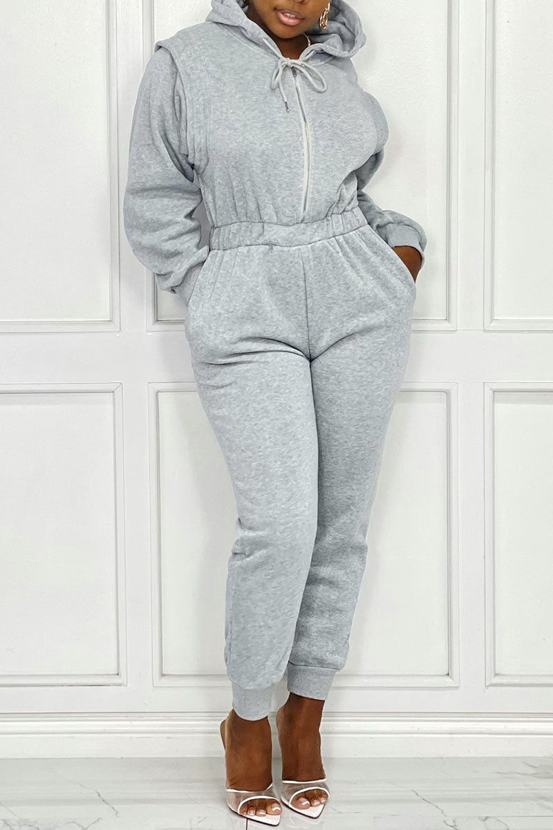 Casual Solid Split Joint Zipper Hooded Collar Loose Jumpsuits