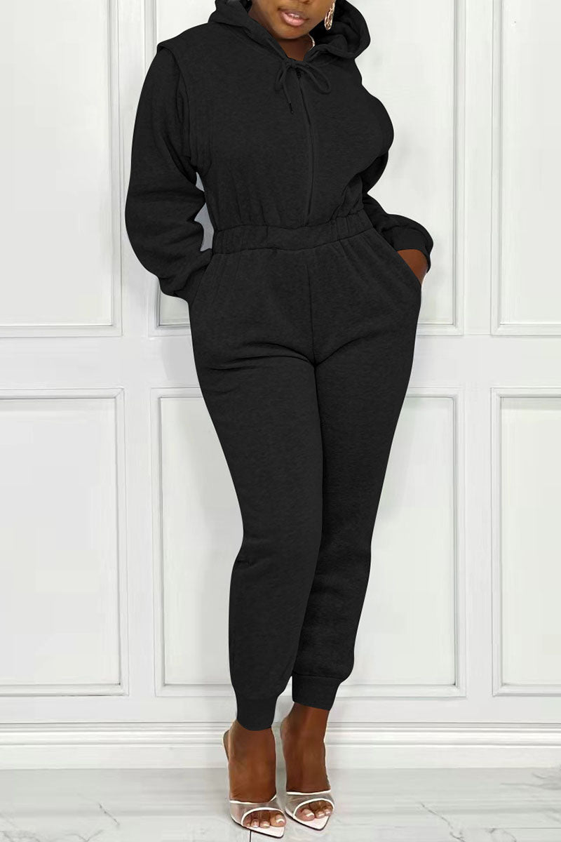 Casual Solid Split Joint Zipper Hooded Collar Loose Jumpsuits