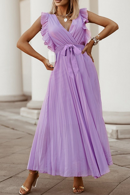 Fashion Elegant Solid Flounce Strap Design V Neck Pleated Dresses